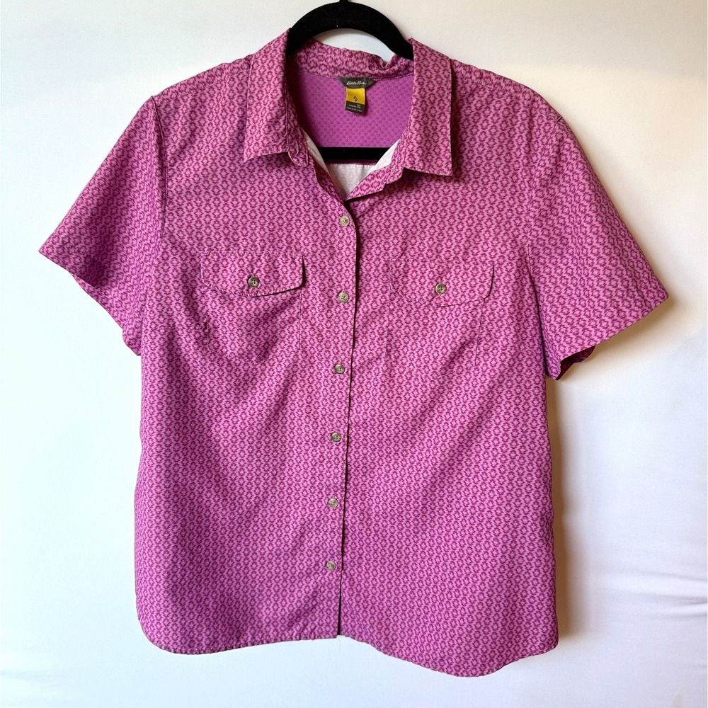 Eddie Bauer Women's XL Purple Geometric Collared Short Sleeve Button-Up Shirt